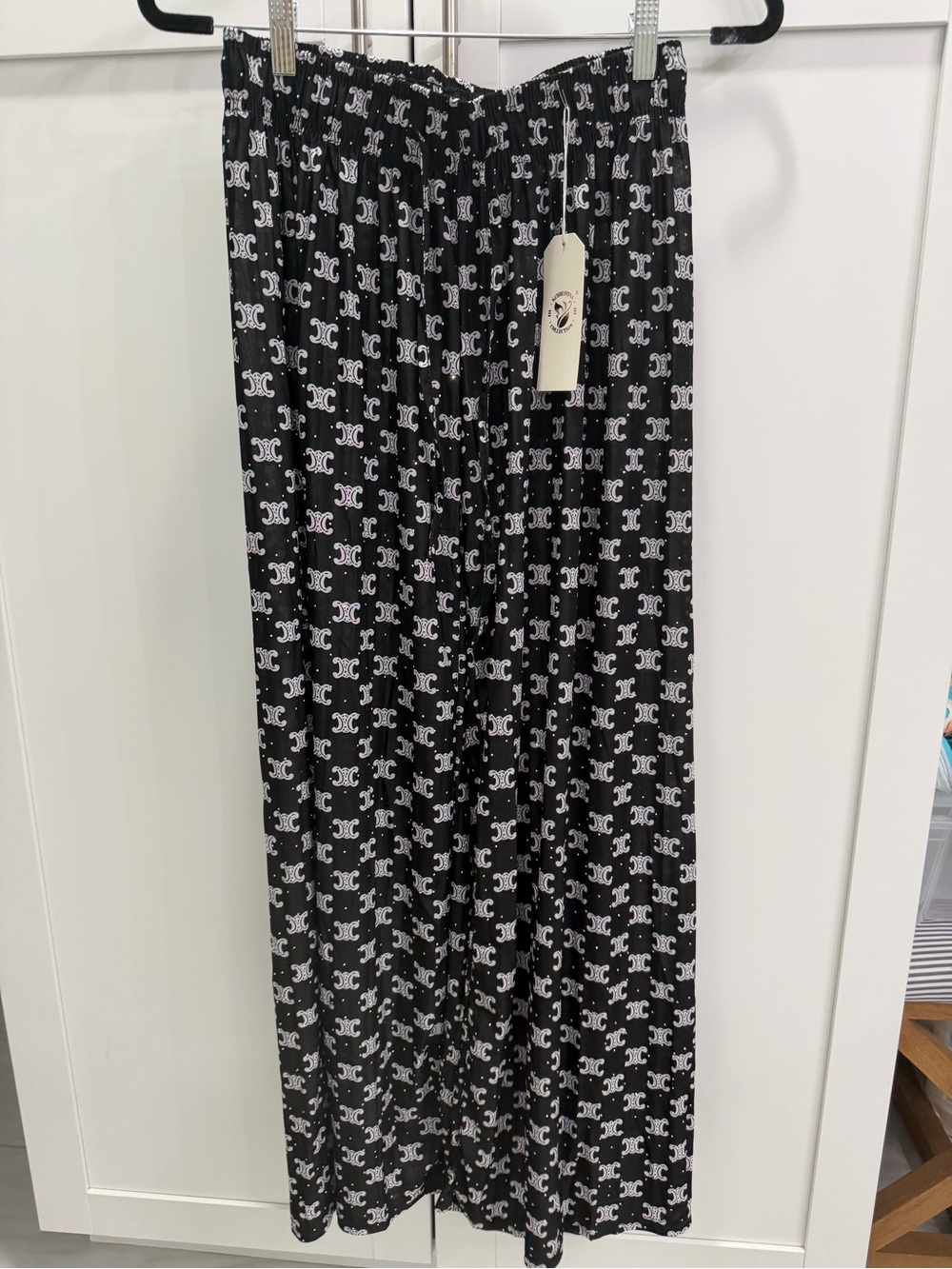 S.Christina Black Wide-Leg Pants with White Logo Pattern Size L/XL